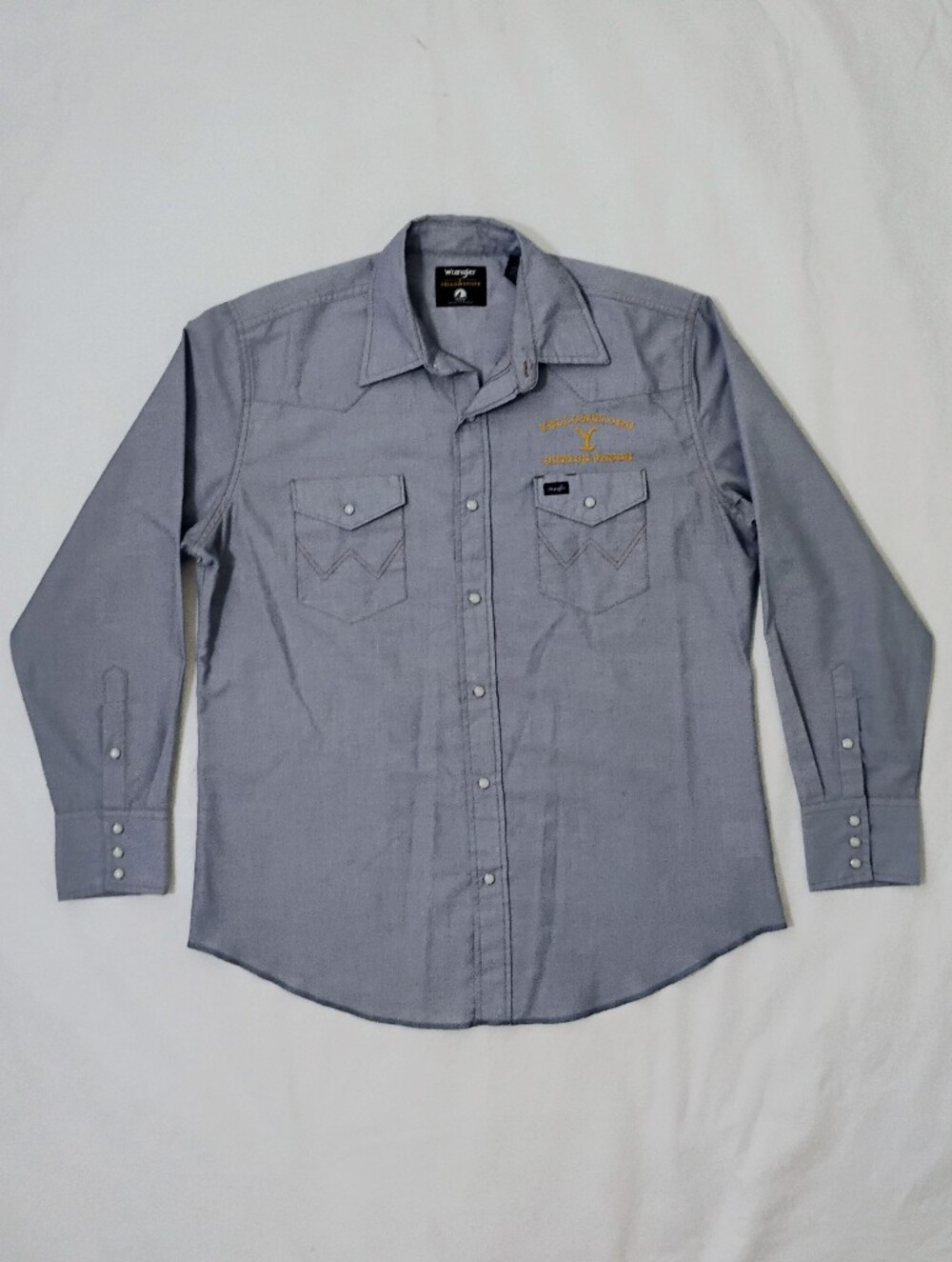 Men's Wrangler Yellowstone Embroidered Denim Pearl Snap Long Sleeve Shirt Large